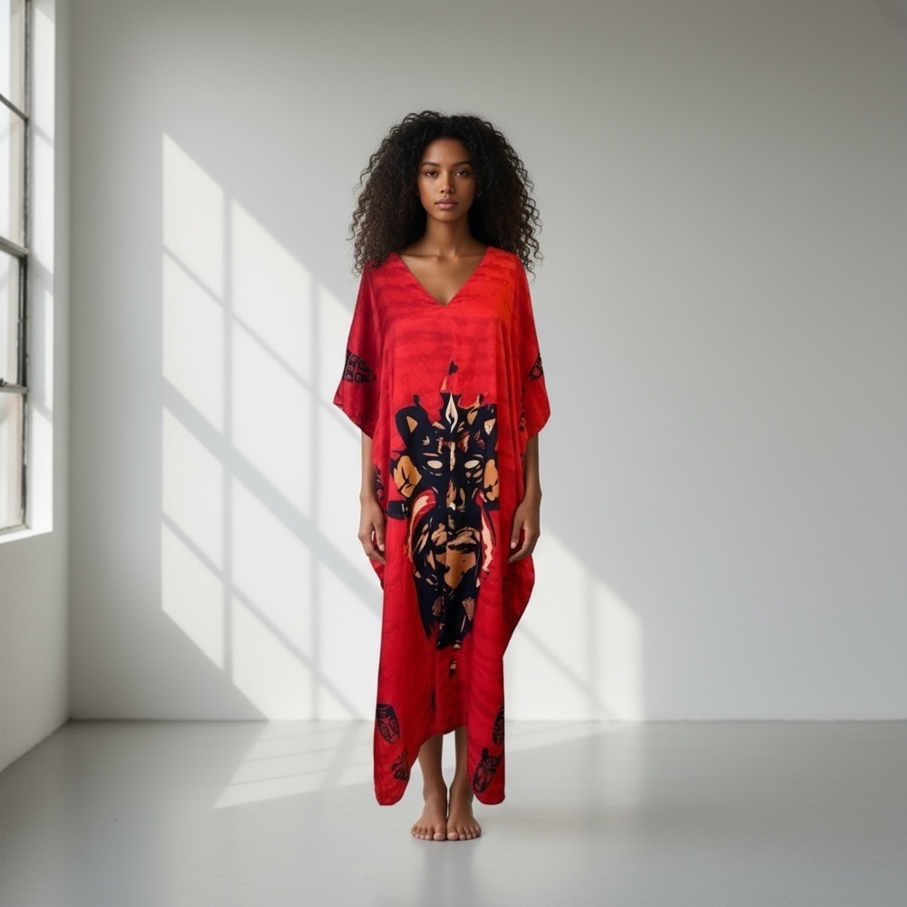 Vintage 70’s Red Winlar Tribal Print Kaftan Caftan